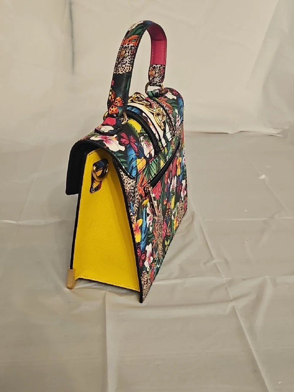 Tropical Floral Leopard Print Top-Handle Satchel - Multicolor